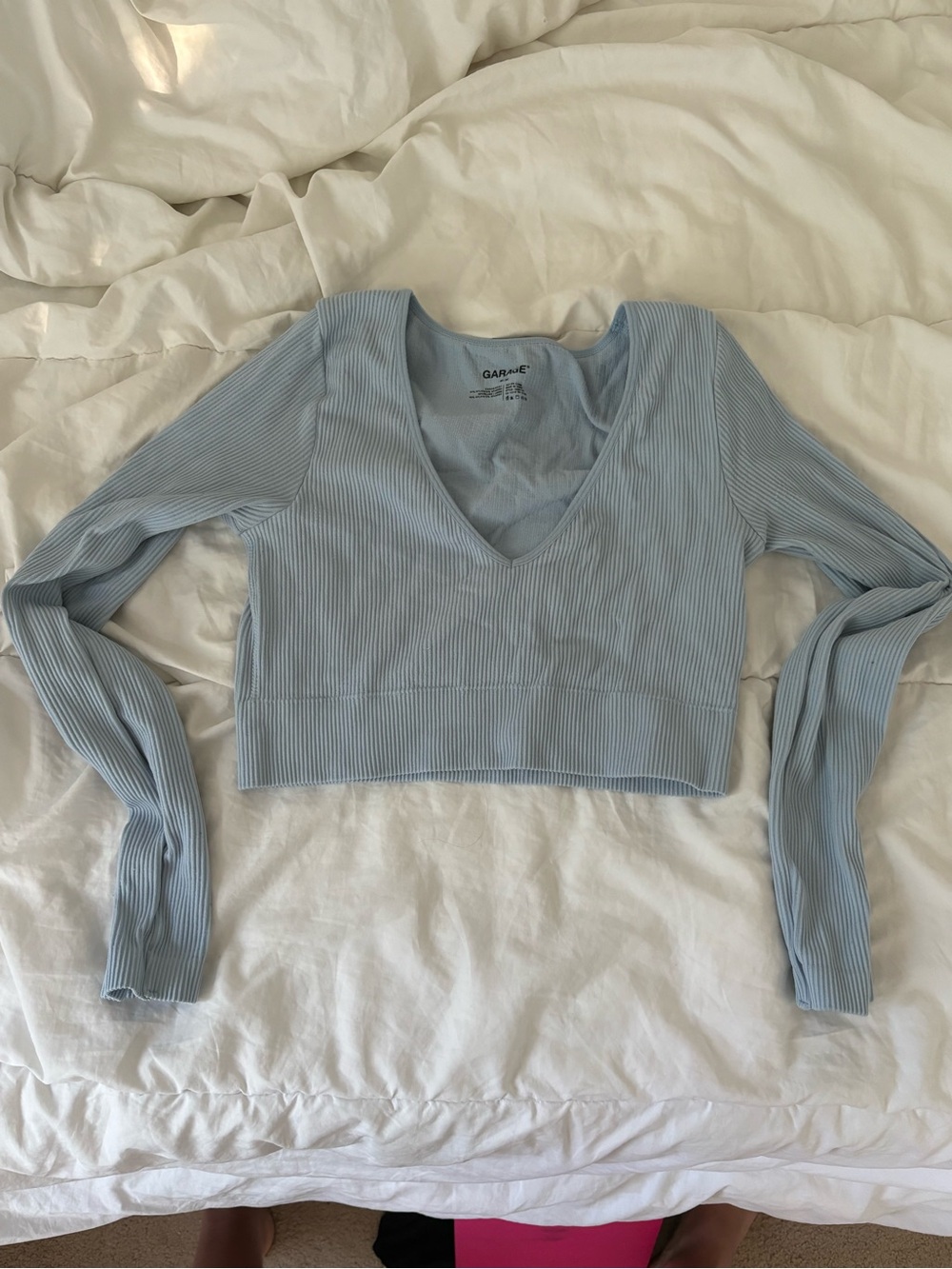 Garage Light Blue Ribbed V-Neck Long Sleeve Crop Top